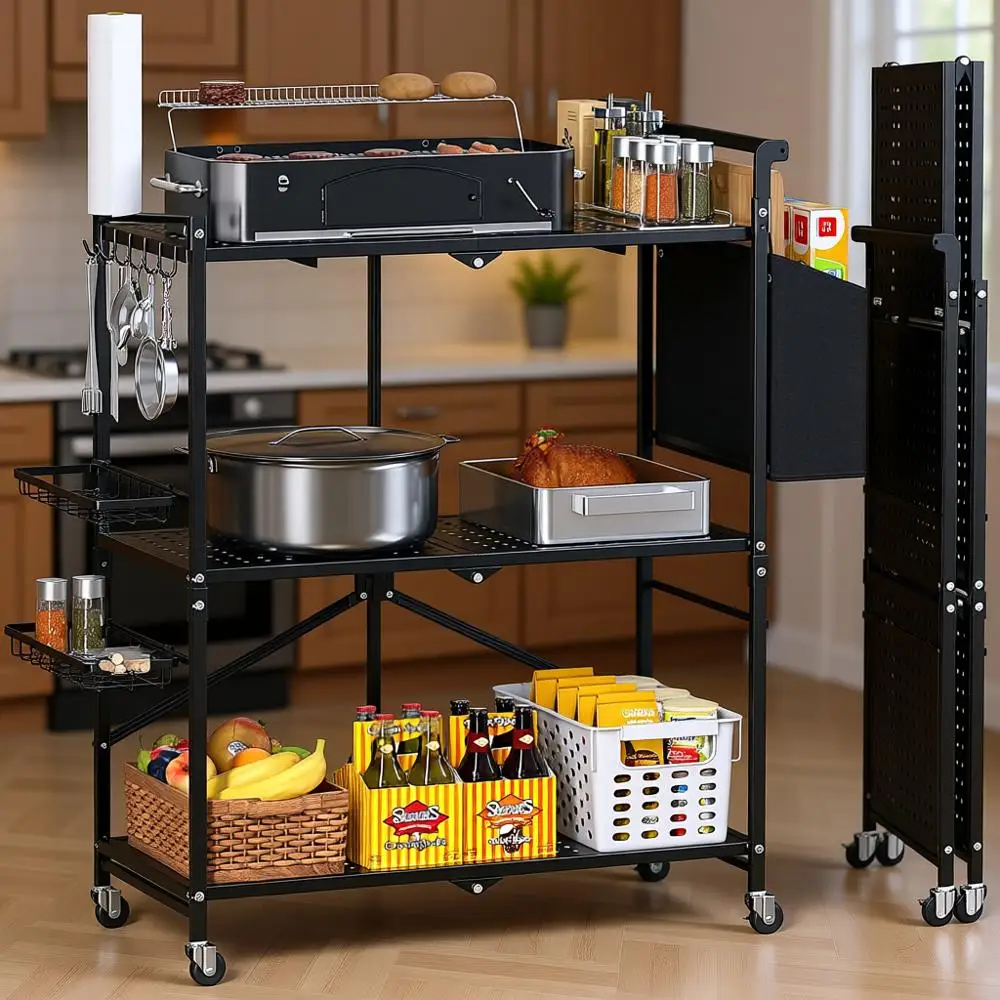 

Трехуровневая тележка для гриля с фиксирующимися колесами, портативная подставка для барбекю, передвижной кухонный остров, черная