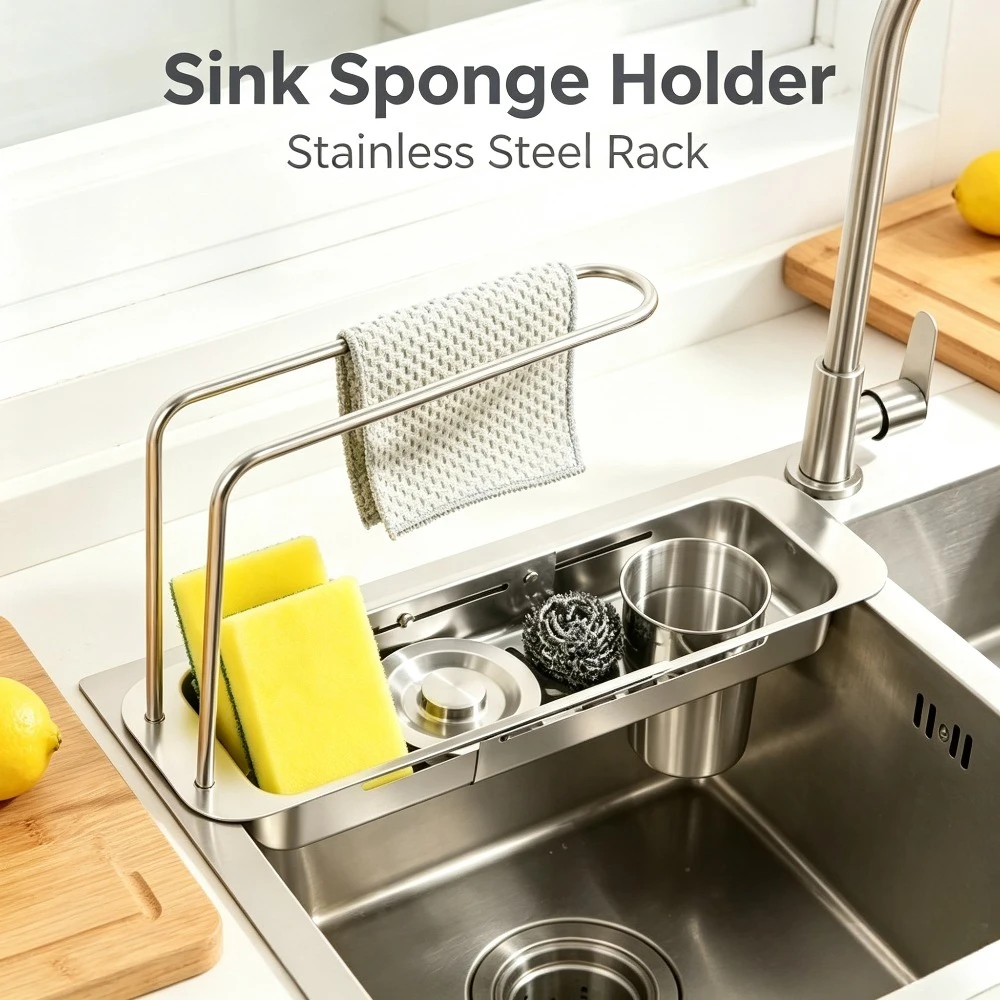 Kitchen Telescopic Storage Rack Sink Organizer Adjustable Faucet Holder Towel Sponge Basket Space Saving Storage Shelf
