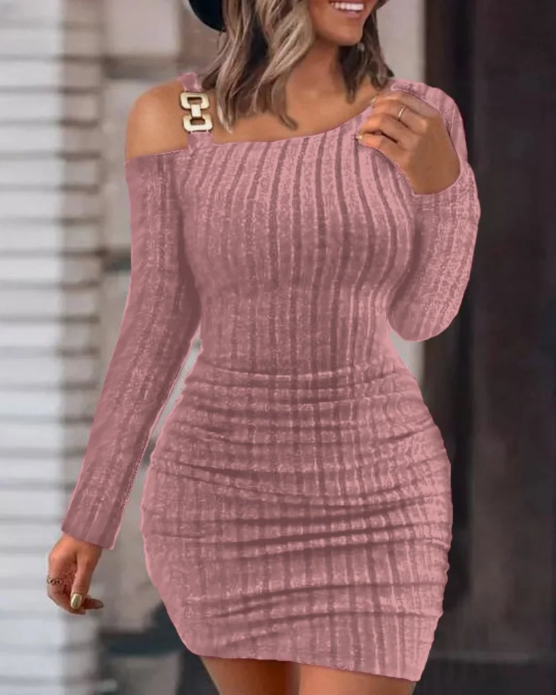 Women Knit Cold Shoulder Long Sleeve Bodycon Dress With Metal Buckle Detail Ruched Waist Slim Fit Mini Dress For Party Cl - view 5