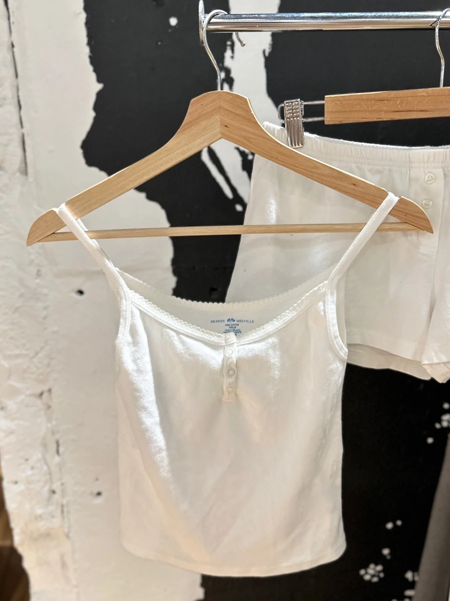 White Lace Trim Crop Top Woman Summer Three Buttons Sleeveless Strap Full Cotton Camisole Female Sweet Cute Simple y2k tops