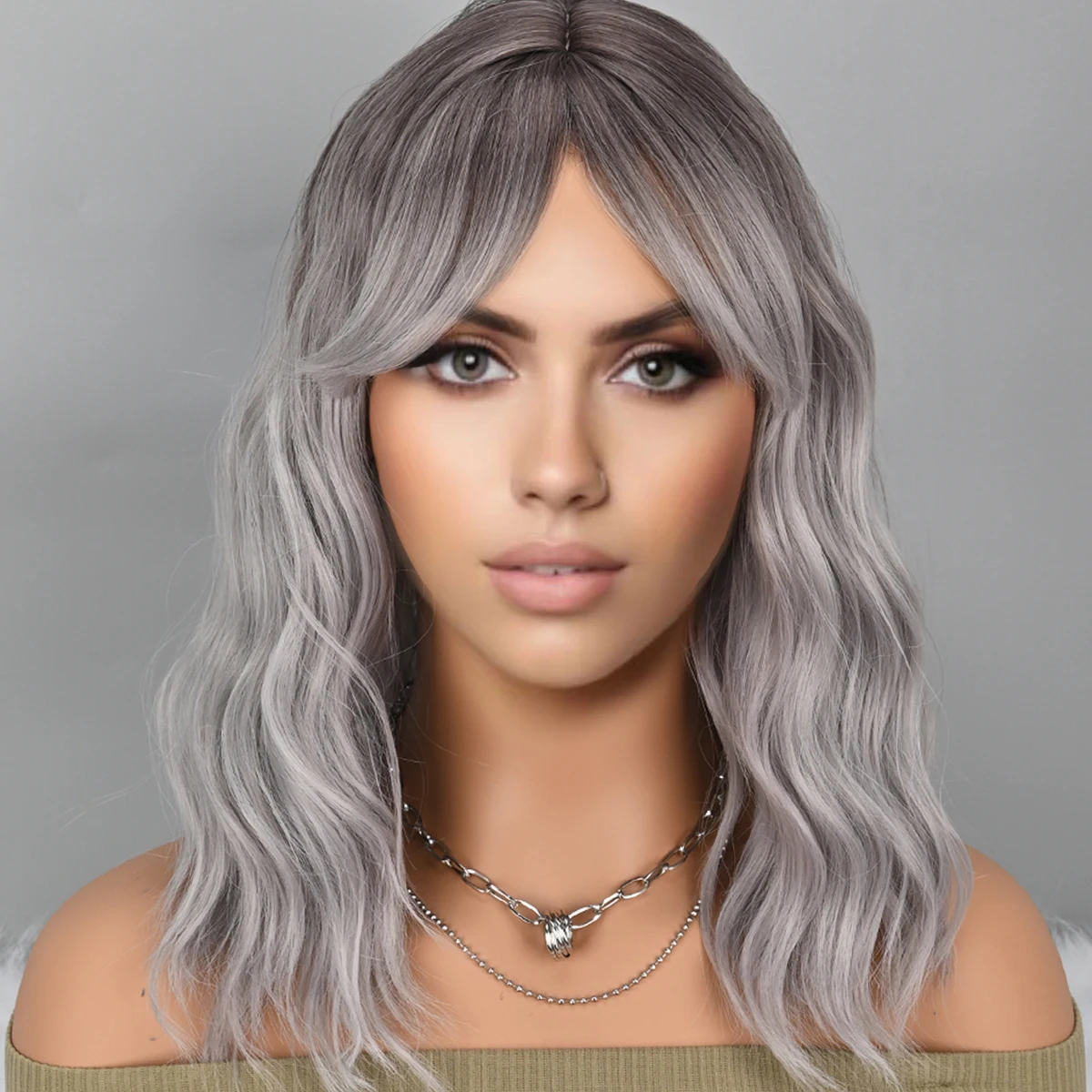 

Gray and Black Bob Wigs with Bangs for Women Short Colorful Wavy Curly Synthetic Wig for Cosplay Halloween Costume Party Use