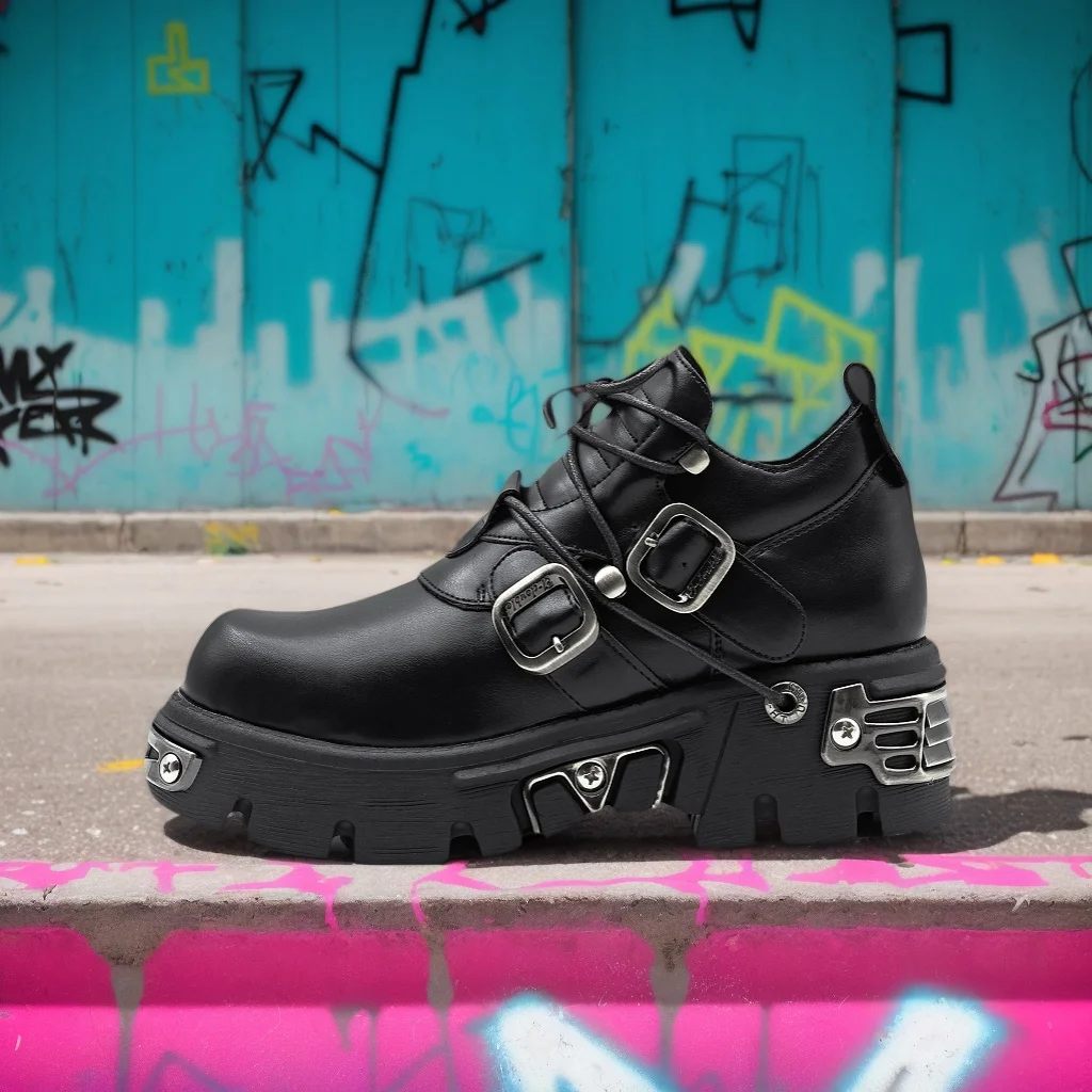 

2025 New Dark Punk Style Woman Gothic Flame Carved Vintage Rock Boots Leather Shoes Metal Niche Low Top Platform Shoes