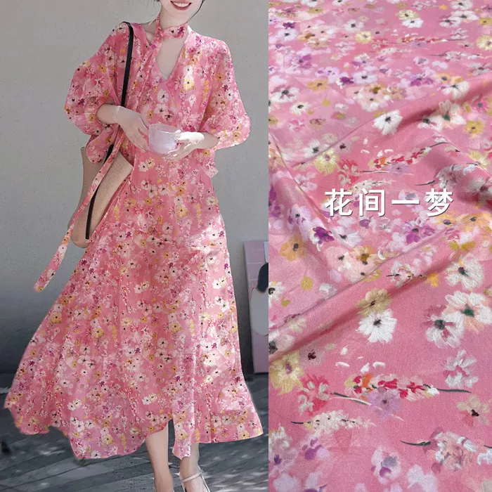 Pink Romantic Floral Print Silk Stretch Crepe De Chine Fabric Mulberry Silk Material for Dresses 140cm wide blouse