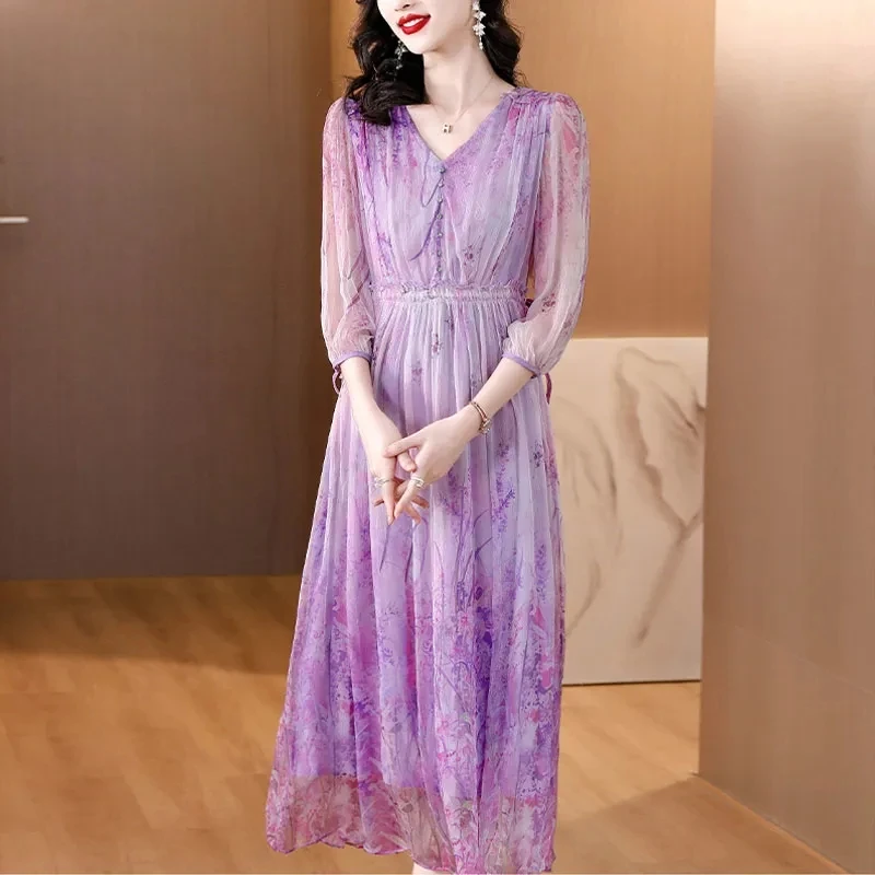 Summer Floral Silk V-Neck Long Party Dress Women Elegant Casual Beach Dress 2024 New Korean Fashion Chic Holiday Evening Dress