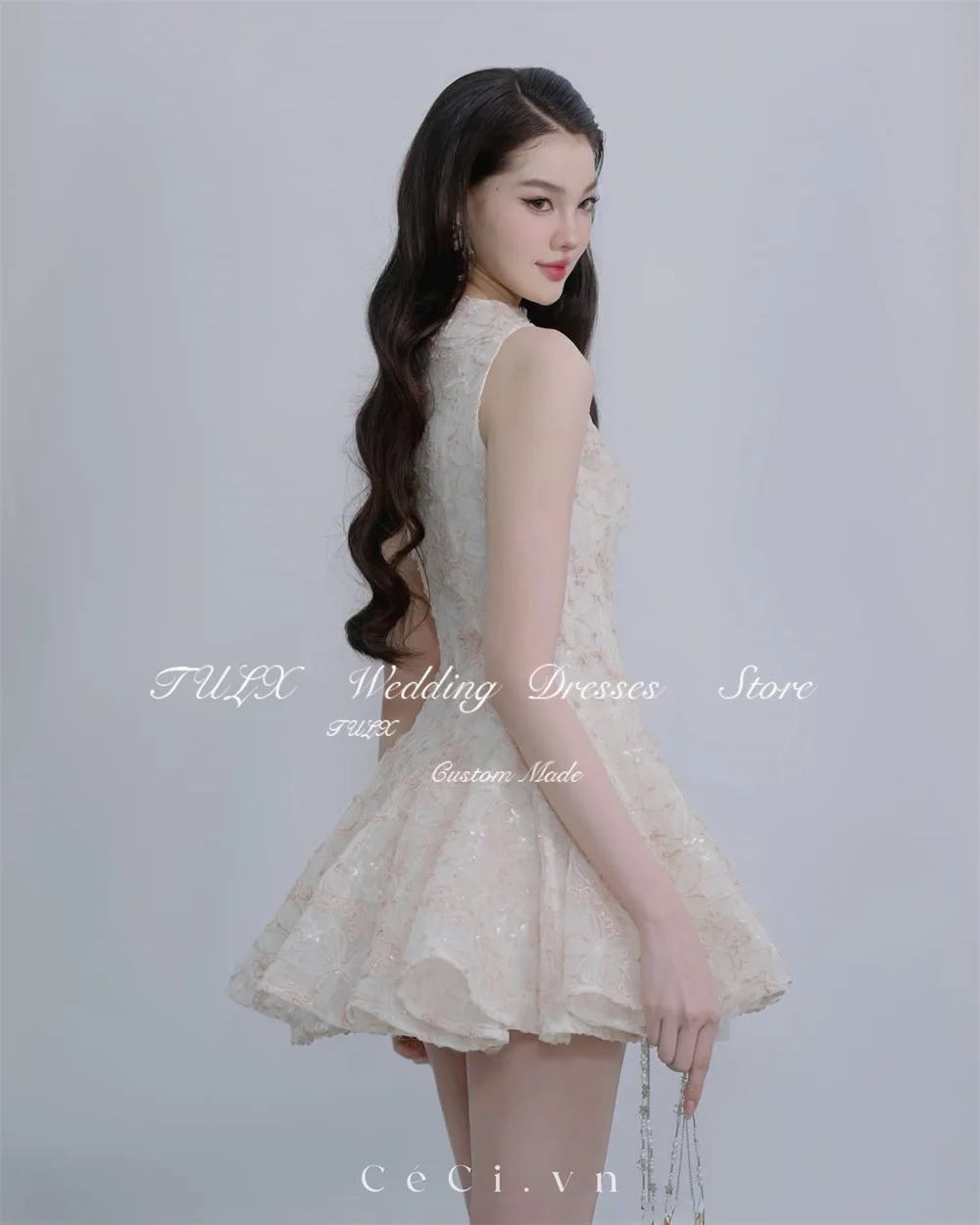 TULX ชุดเดรสสั้นลูกไม้สีชมพูเจ้าหญิง คอทรงโอ แขนกุด ชุดเดรสงานเลี้ยงวันเกิด ทรงเอ ความยาวเหนือเข่า ชุดเดรสค็อกเทลแบบเป็นทางการ