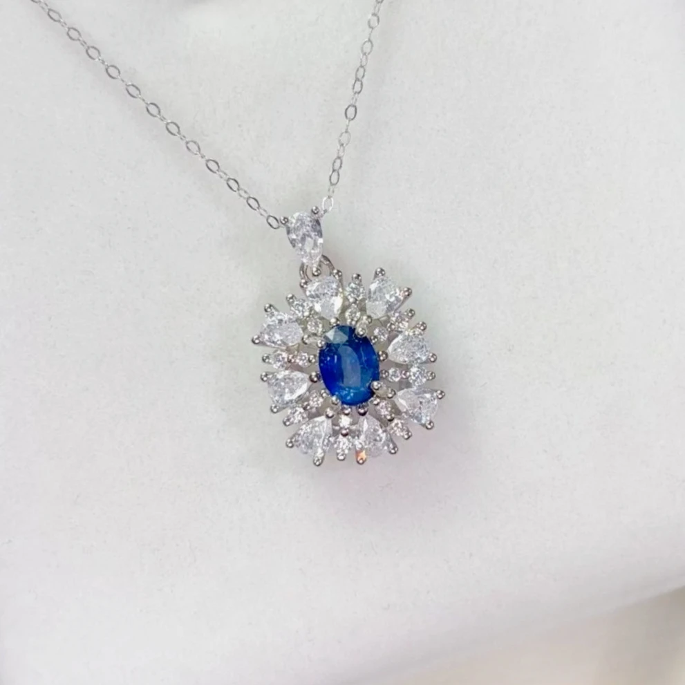 Sparkling 925 Silver Sapphire Necklace Pendant 5mm*7mm Genuine Blue Sapphire Pendant Birthday Gift for Women