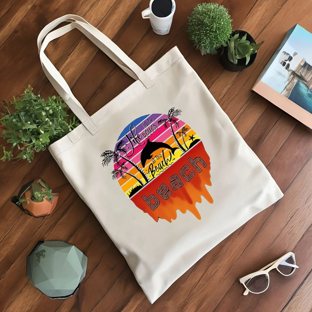 Summer printed canvas tote bag, large capacity storage bag, commuting bag, travel bag, lightweight and foldable