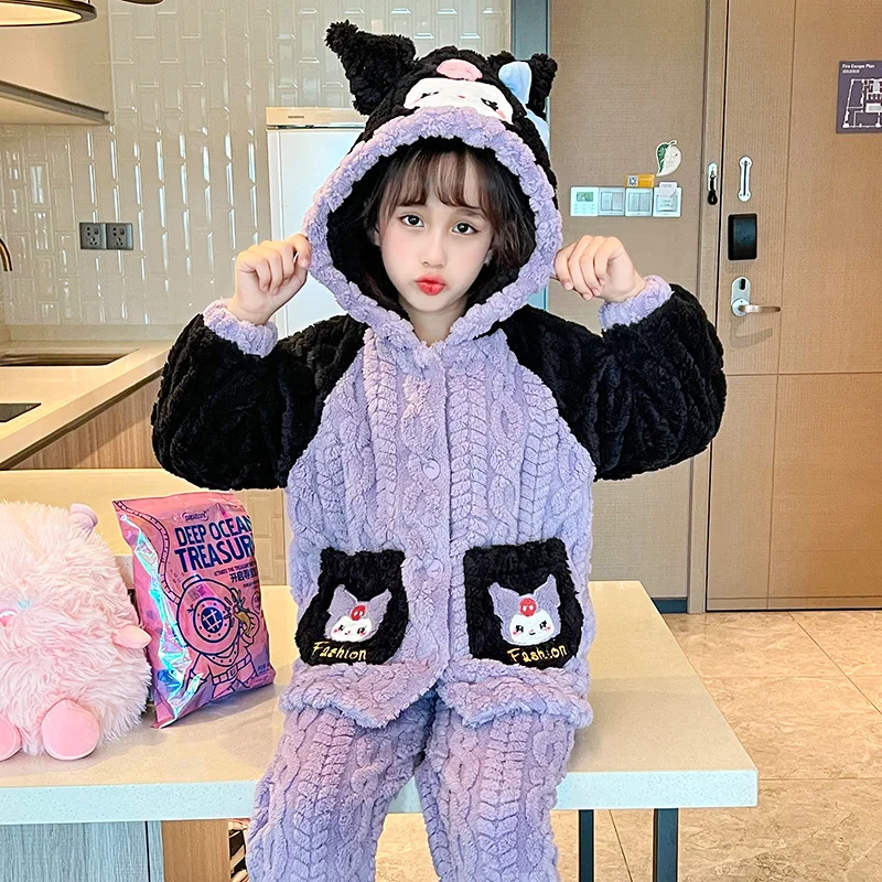 2023 Sanrios Cinnamoroll Kuromi My Melody Children\'s Winter Cute Plush Pajamas Anime Flannel Sleepwear Boy Girl Set Home Clothes