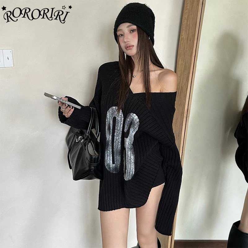 

Номер RORORIRI # 03 женский свитер с открытыми плечами, свободный крой, рукава «летучая мышь», вязаный пуловер, осенне-зимний модный шикарный топ большого размера