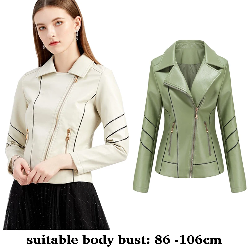 

high quality women slim leather jacket turn down collar piping motorcycle jacket autumn winter 2025 elegant clothes white red