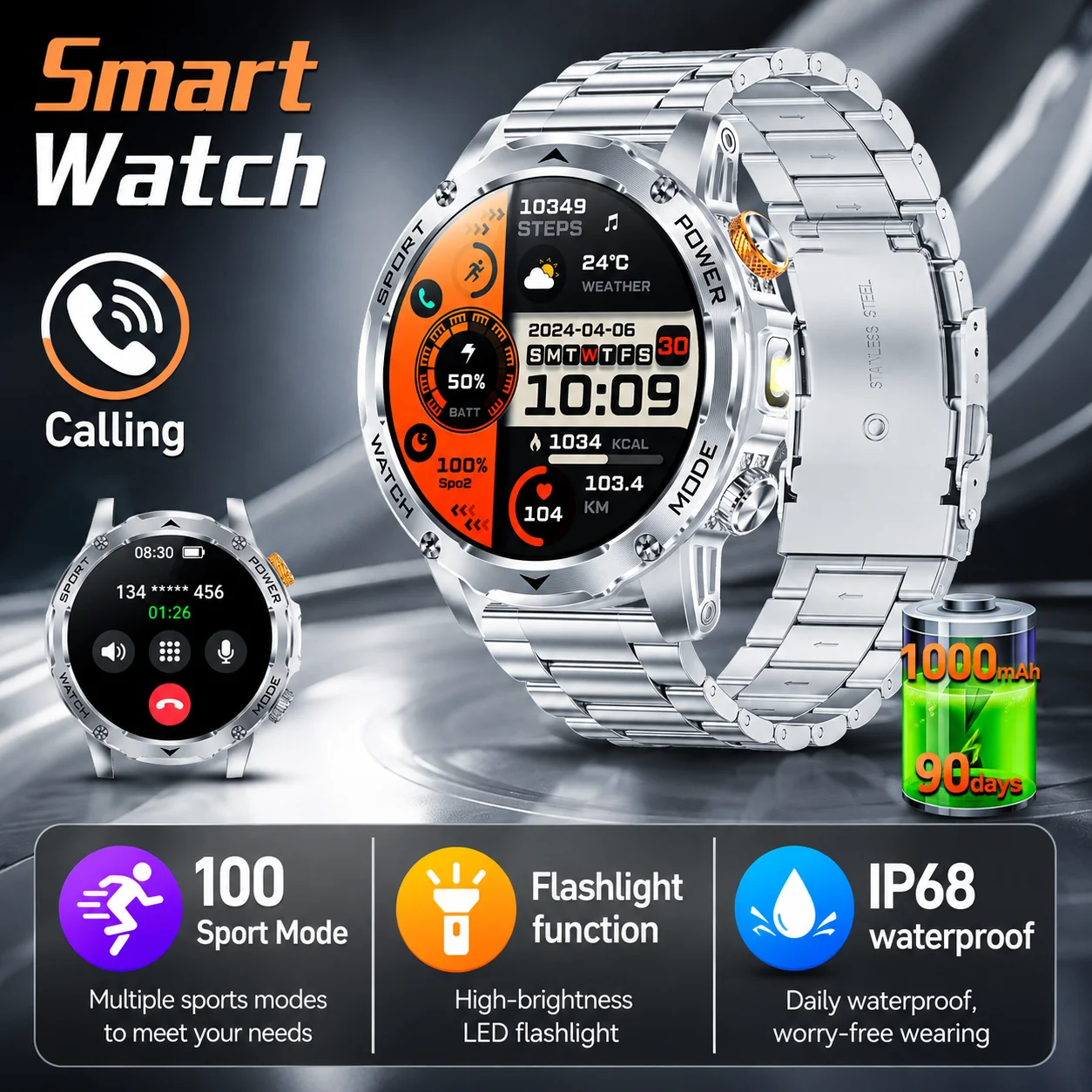 

Choice LIGE 1000mAh Smart Watch 1.7" Large Screen Wireless Calling IP68 Waterproof Outdoor 100+ Sports Modes smart watch for men