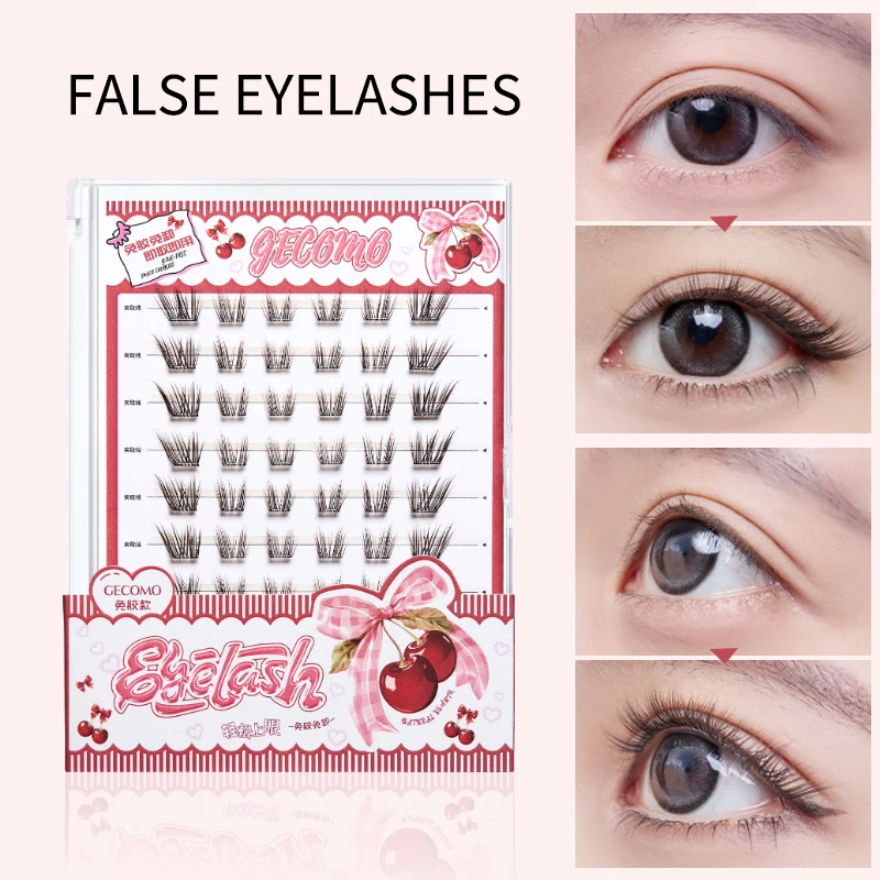 Cílios postiços GECOMO Little Cherry sem cola em marrom, com curva natural de bebê, aparência grossa e densa na câmera