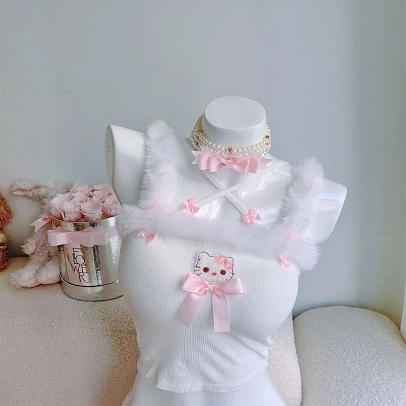 

Cute Tops Women Summer Pink Bow Decoration White Cropped for Sweet Girls Lolita Style Kawaii Clothes