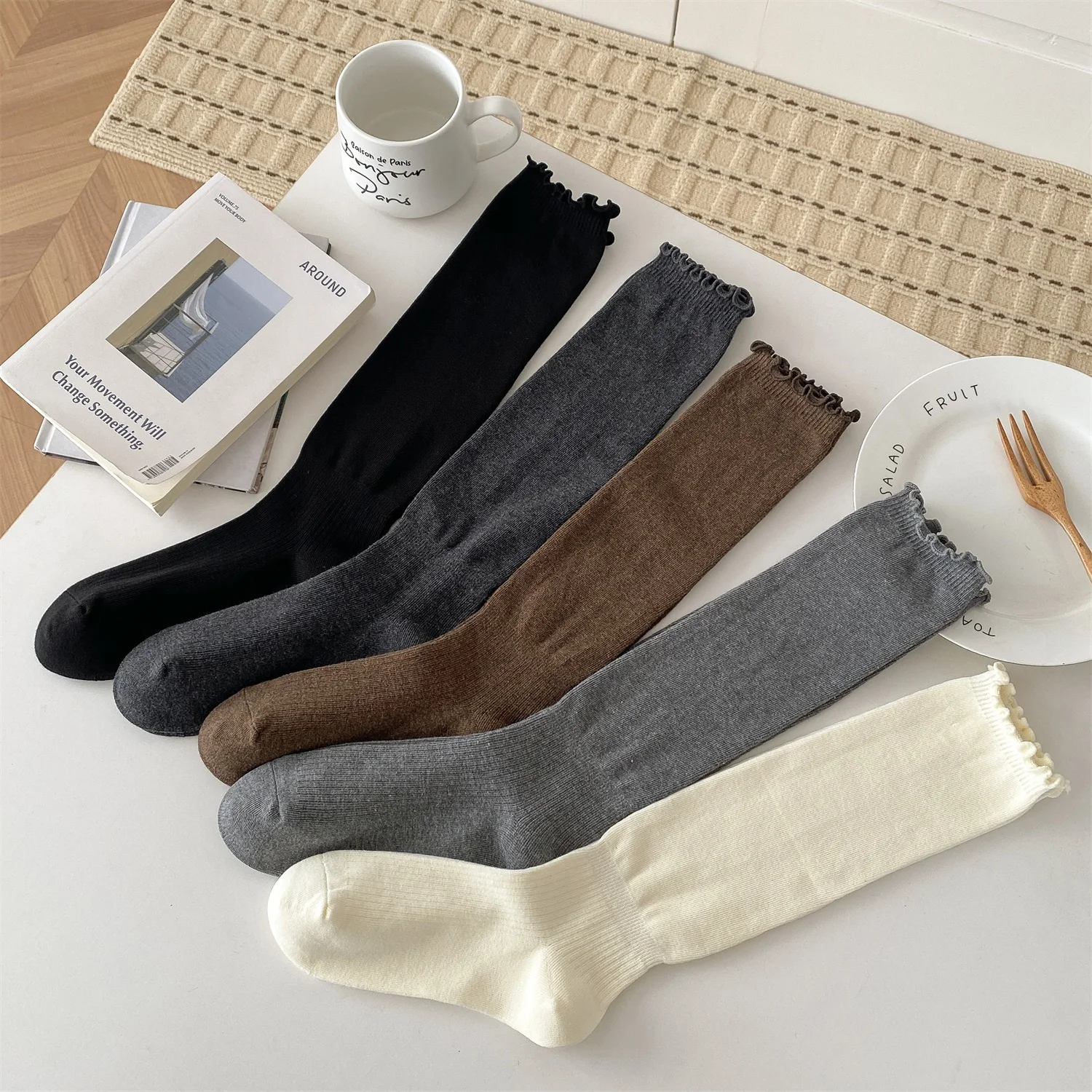 Women Autumn Winter Ruffle Calf Socks,JK Lace Trim Knee‑High Socks,White Beauty Leg Socks Slouchy Stackable Socks for Ladies