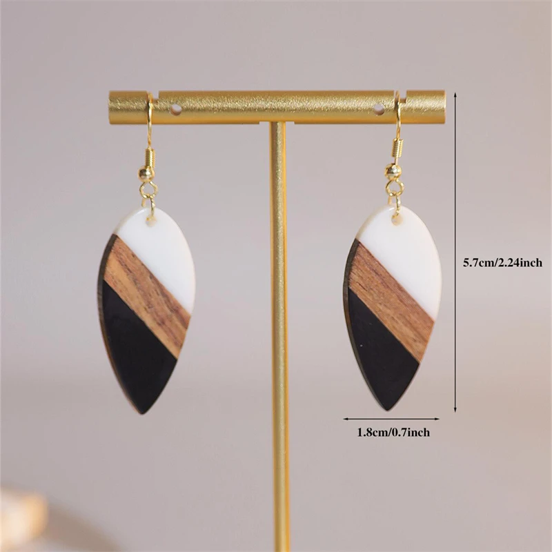2-piece retro natural wood resin feather leaf shaped earrings for women, bohemian minimalist style, back to school season gift