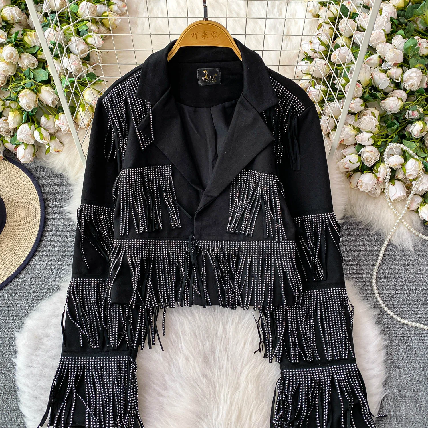 Chic Herfst Winter Vrouwen Diamanten Kralen Kwasten Pak Jas Hot Boren Omzoomd Blazers Jas Losse Lange Mouwen Vest Tops