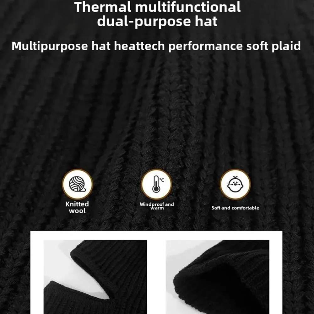 2 In1 Balaclava Mask Hat Warm Knitted Mask Beanie Windproof Full Face Ski Cap Tactical Cycling Winter Outdoor Protective Bonnet
