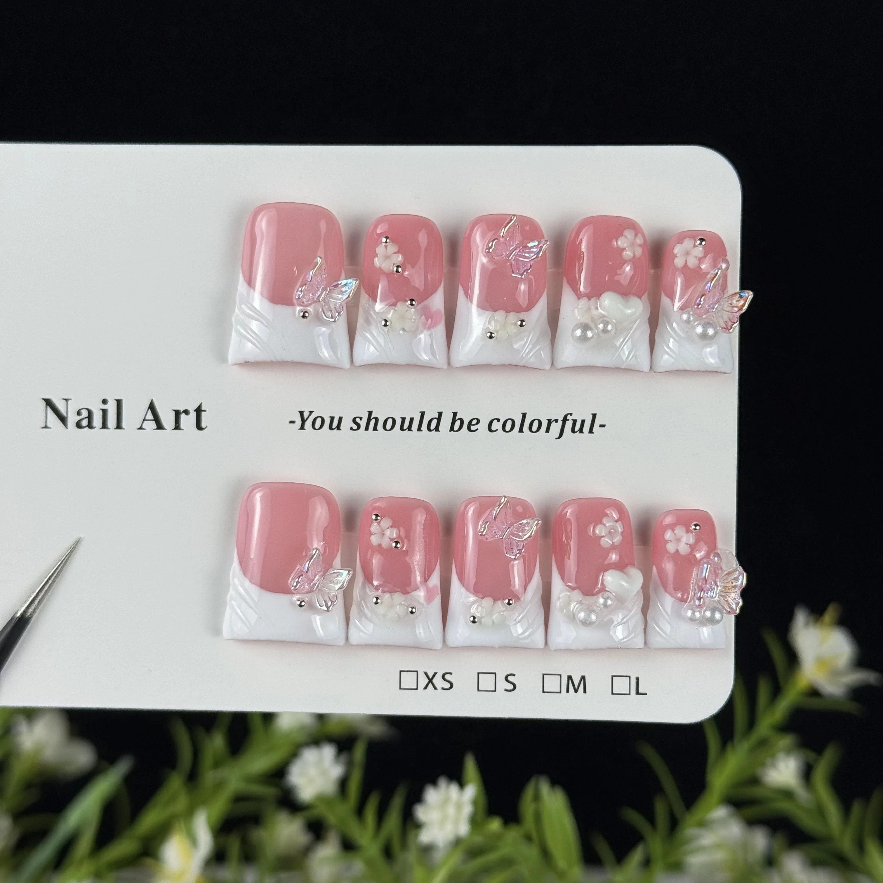 10 Uds. Estilo de niña rosa de alta gama, mariposa tridimensional tallada pintada a mano, corazón, diamante de punto brillante fino hecho a mano