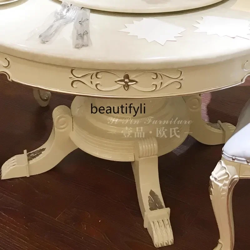 z183  European dining table and chairs combination full solid wood carving flower 1.3 meters round table pearl white paint