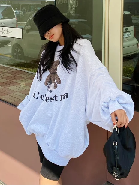 

Thiened Fce Hoodie Jaet Women's round Ne Loose Autumn Winter Warm Cartoon Print Anti-aging Trendy Top Cotton Long Sl...