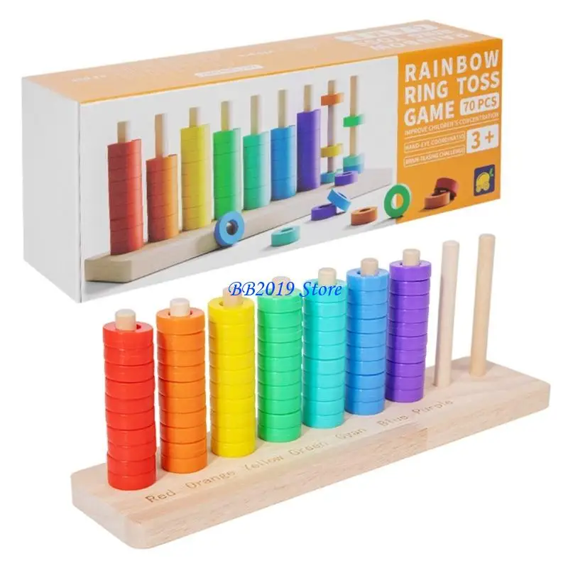 

Q0KB Educational Wooden Stacking Rings Toss Toy Kids Rainbow Rings Color Sorting Toy