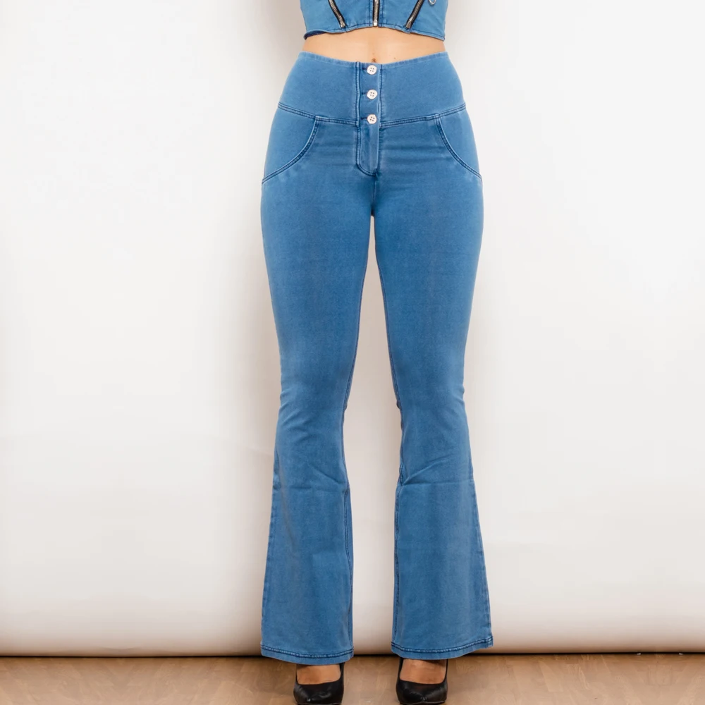 Shascullfites Melody Light Blue Flare Butt Lift Slim Fit Jeans Women Flared Shaping Buttons Up Trousers