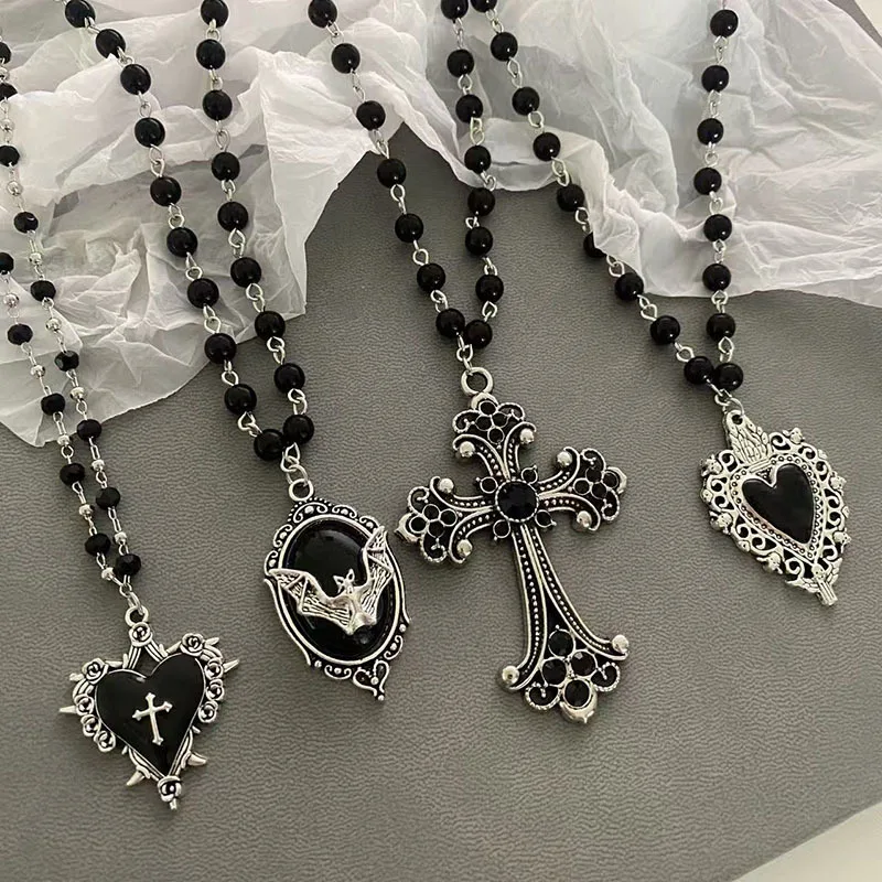 

Gothic Bat Cross Dark Pendant Necklace Set Thorn Love Black Bead Stacked Necklace Halloween Gifts