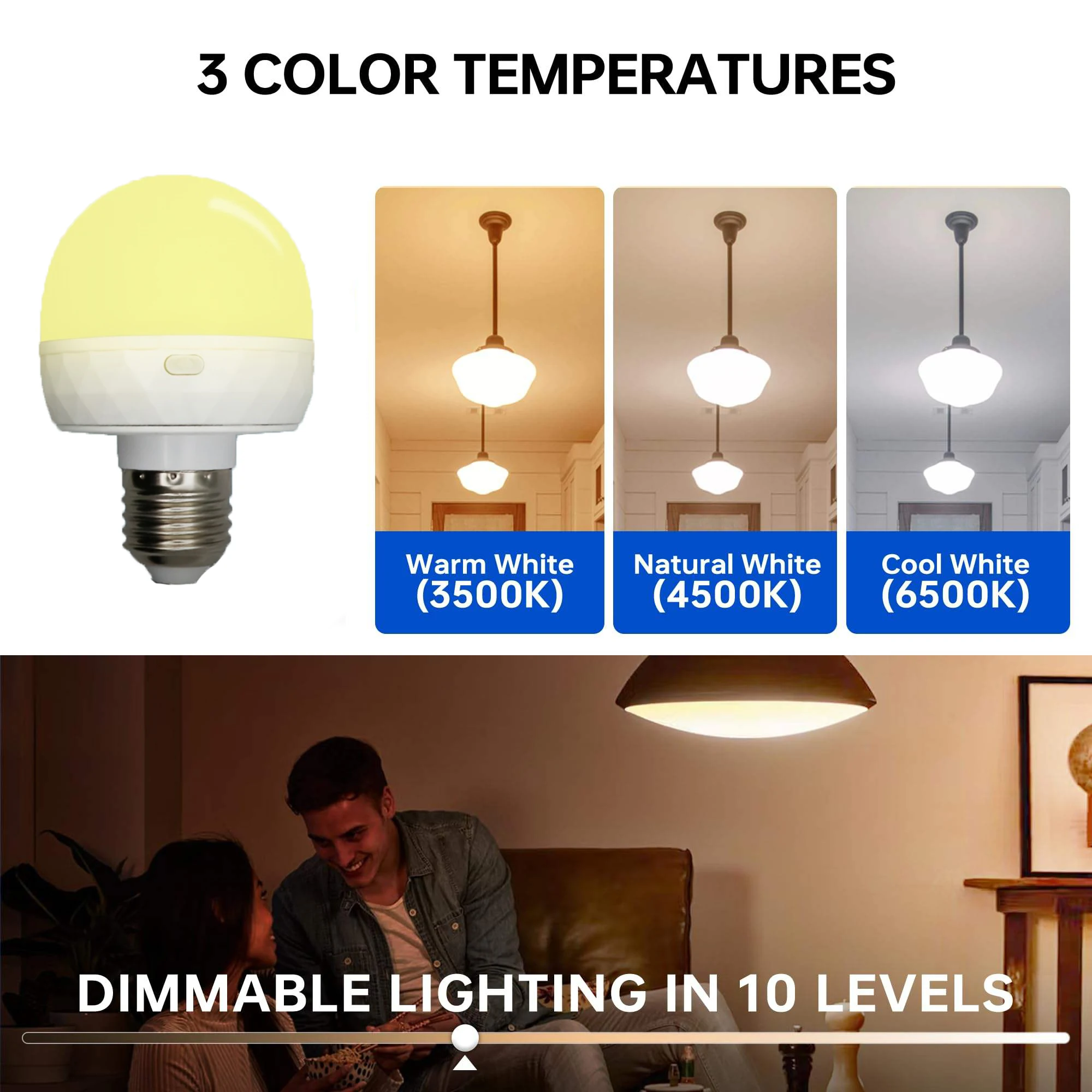 rechargeable smart LED lights, E26/E27 base, with remote control adjustable color temperature and brightness lights, USB recharg