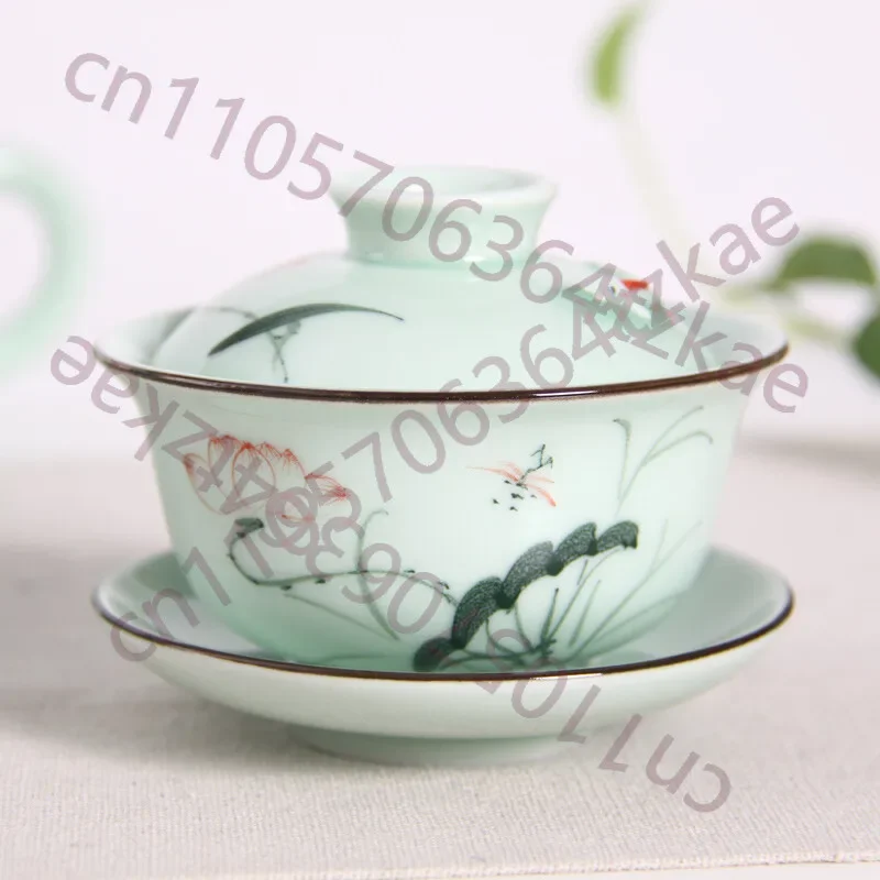 Newly Listed Fish Relief Cup Bowl Longquan Celadon Porcelain Gaiwan Floral Print