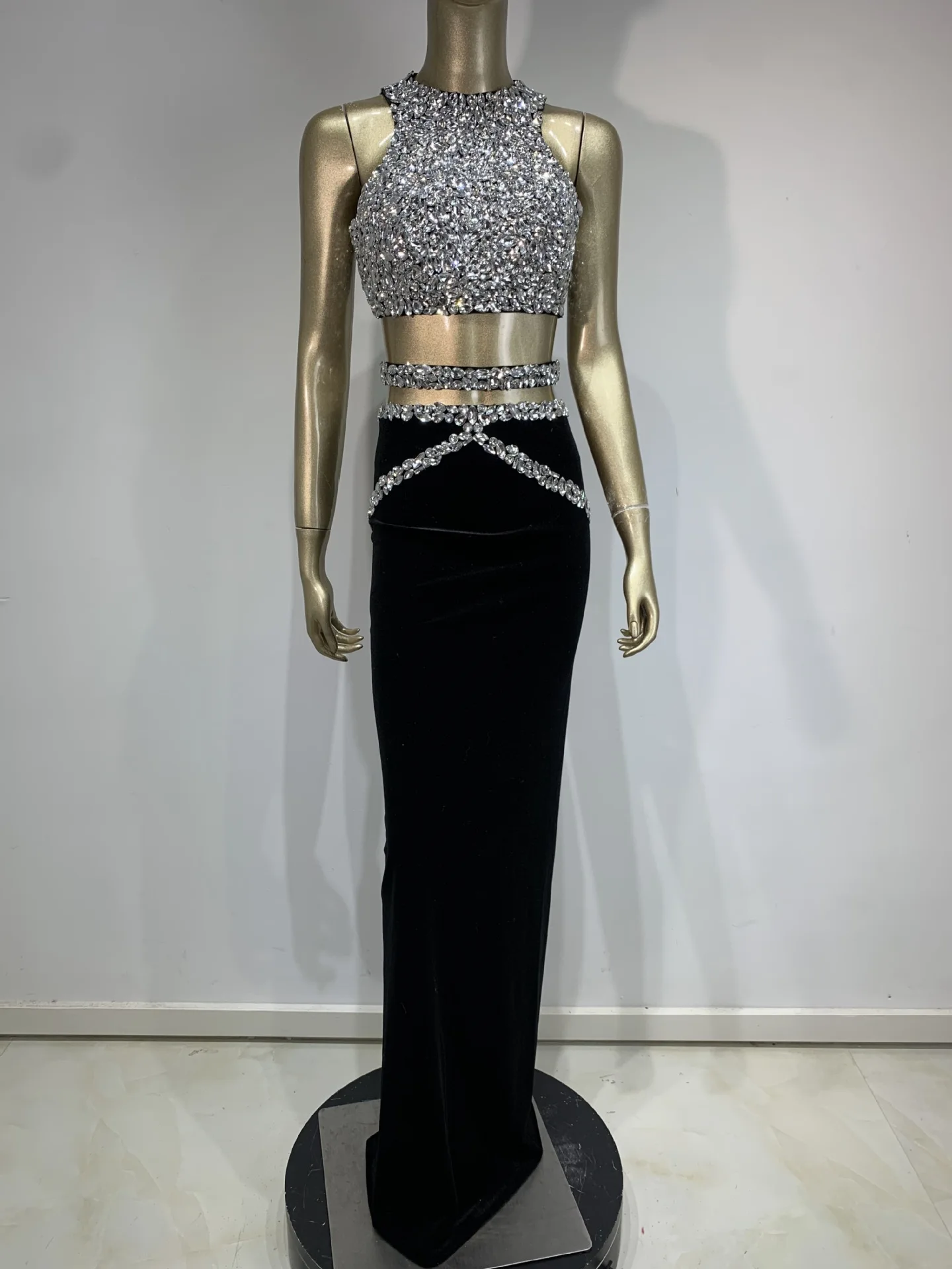 Top And Skir Party Women Luxury Crystal Crop Top And High Waist Long Skirts Two Piece Set Glitter Celebrity Evening Outfits