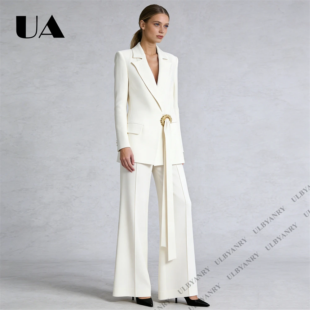 ULBYANRY 2026 Spring New Women's 2 Piece Suit Set, Slim Fit Jacket with Beaded Detail, Wide Leg Flare Pants, Wedding Party Prom