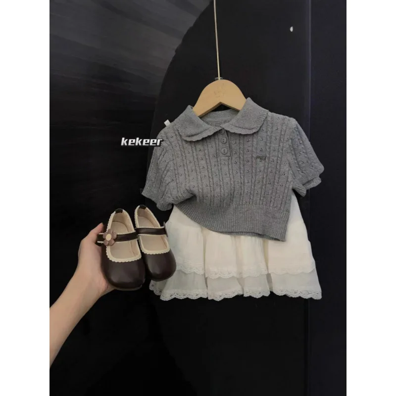 

Children's Set New Summer Korean Girl's Preppy Style Short Sleeve Lace Collar Knit Top+Lace Trim Short Skirt Two-Piece Set