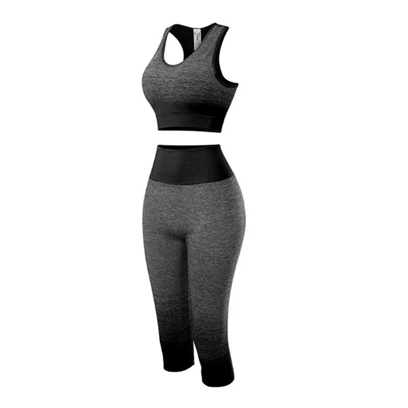 Women Yoga Sets Bra + 3/4 Pants Sport Suit For Female Fitness Workout Clothing Gym Running Girl Slim Capri Legging + Top Vest 23