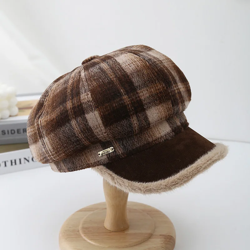 Vintage Plaid Achteckige Baskenmütze Frauen Herbst Winter Hüte Für Frauen Warm Halten Maler Kappe Neue