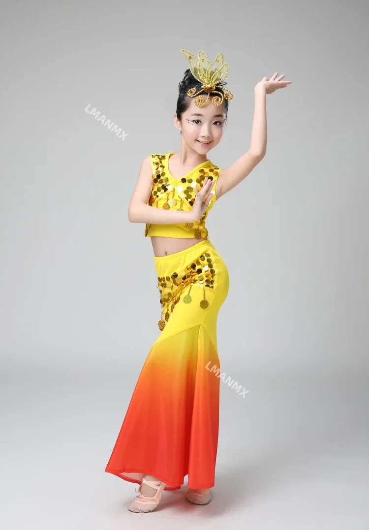 nowe dzieci dziewczyna chiński kostium taneczny zestaw kostiumów scenicznych dla kobiet Dai etniczna sukienka do tańca pawia ubrania do tańca