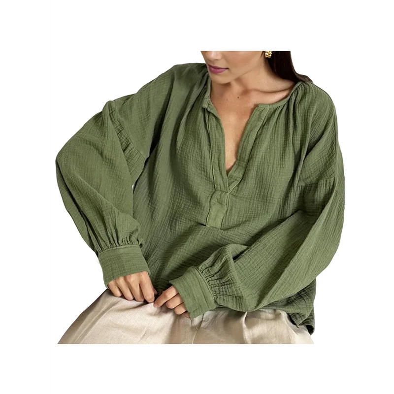 

ABRT-Linen Tie Front Shirt Tops Women Lantern Sleeves Blouse Y2K Babydoll Loose V-Neck Tunic Outfits