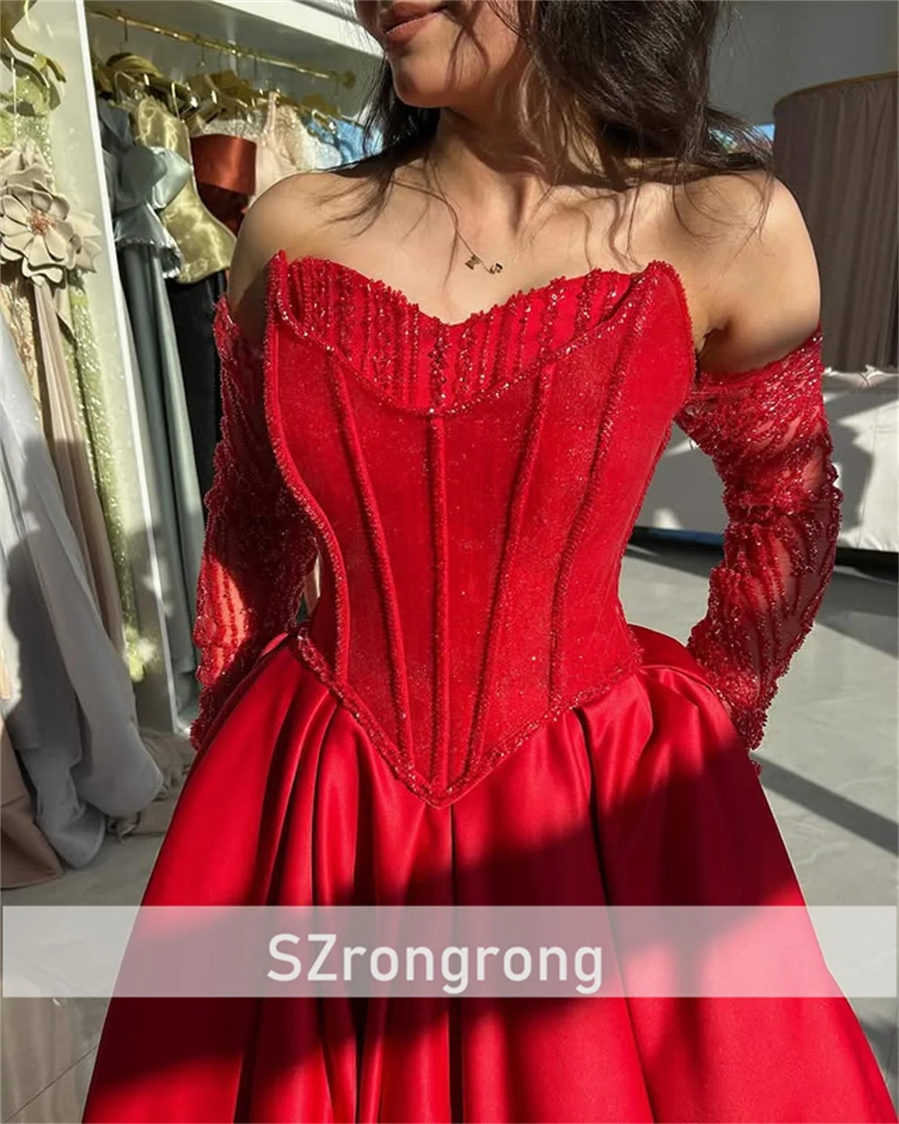 Vestido de fiesta de noche con espalda descubierta y corsé con cuentas y hombros descubiertos, vestido largo de satén sencillo para dama de honor con tren personalizado