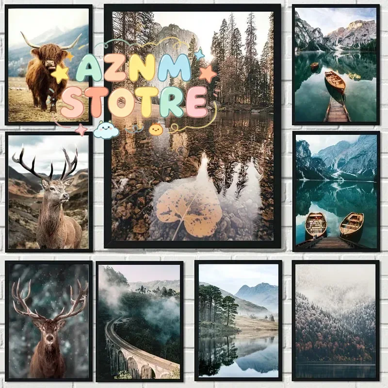 Nordic Natural Landscape Canvas Print Posters Animal Cow Deer Lake Snow Mountain Forest Railway Wall Art Painting Decor Pictu