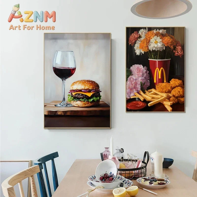 1pc frameless Canvas Painting  Oyster Shell Red Wine and Cheeseburger Sardines Coffee and Croissant Poster Canvas Painting Print