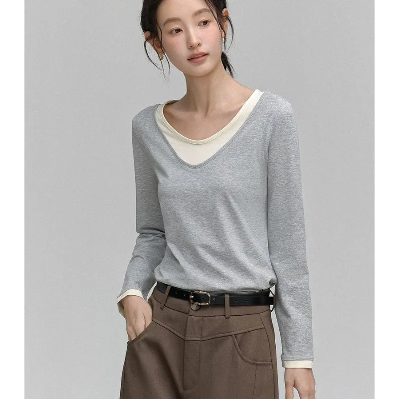 Women Color Block Fake Two Piece Long Sleeve T Shirt V Neck Casual Basic Layering Tops