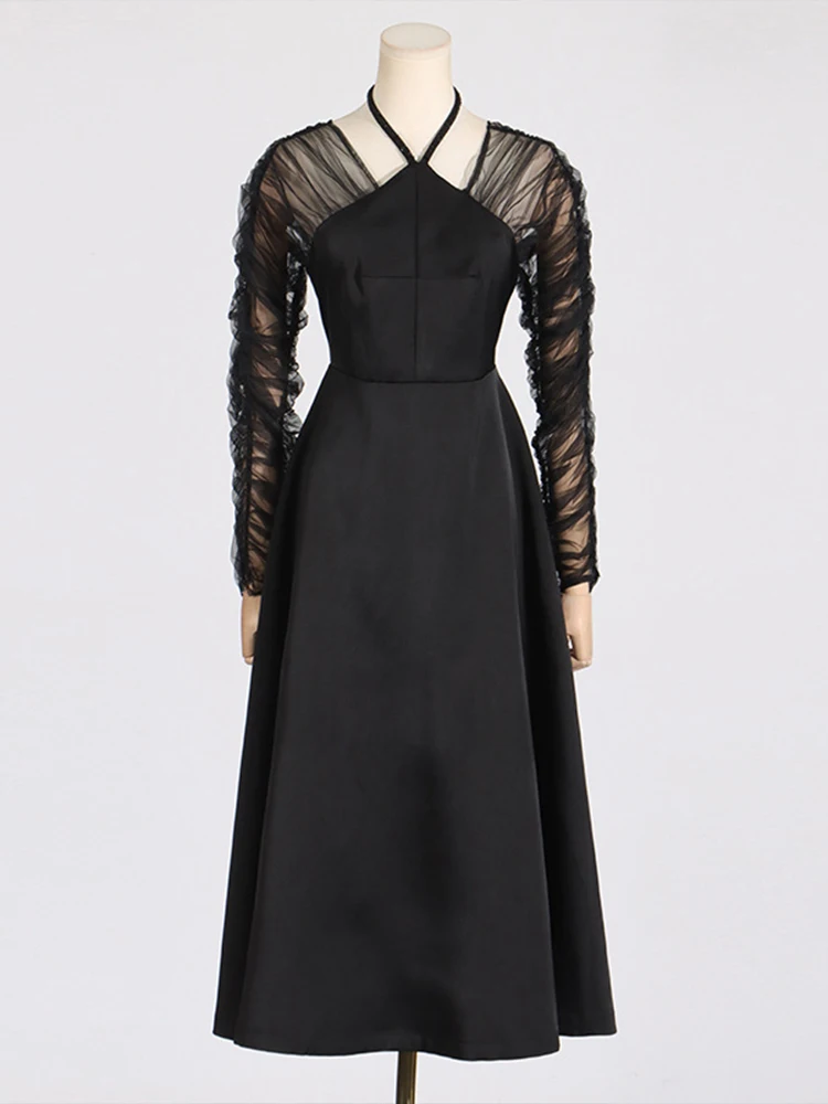 TWOTWINSTYLE Solid Patchwork Mesh Dresses For Women Halter Long Sleeve High Waist Elegant Spliced Folds A Line Dress Female New