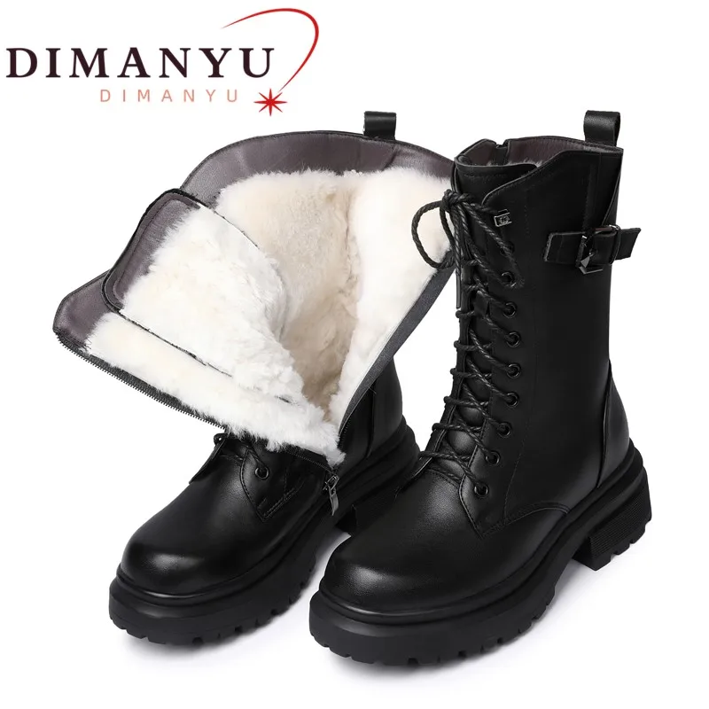 

DIMANYU Boots Women Large Size Genuine Leather Thick Wool Warm Winter Combat Boots Women British Style chunky Women Snow Boots