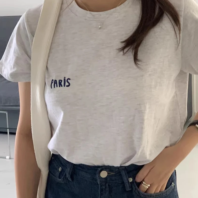 T-shirt retrò rotonda Ne ort Sve da donna, vestibilità ampia, design estivo chic, stampa di lettere Ba, versatile top coreano