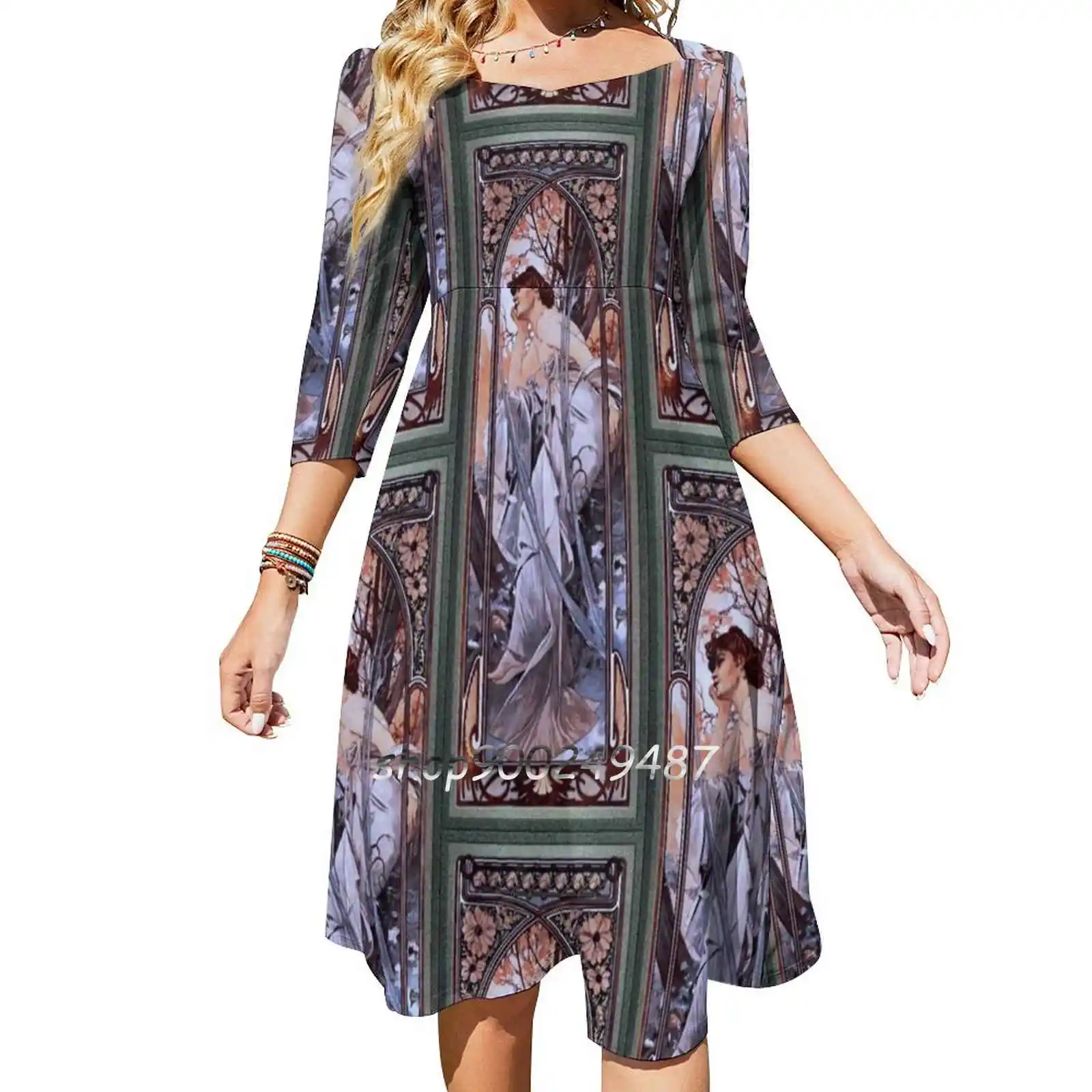 Evening Reverie By Alphonse Mucha-Old Masters Prints Women Spring Autumn Long Sleeve Dress Female Casual Dress Evening Reverie