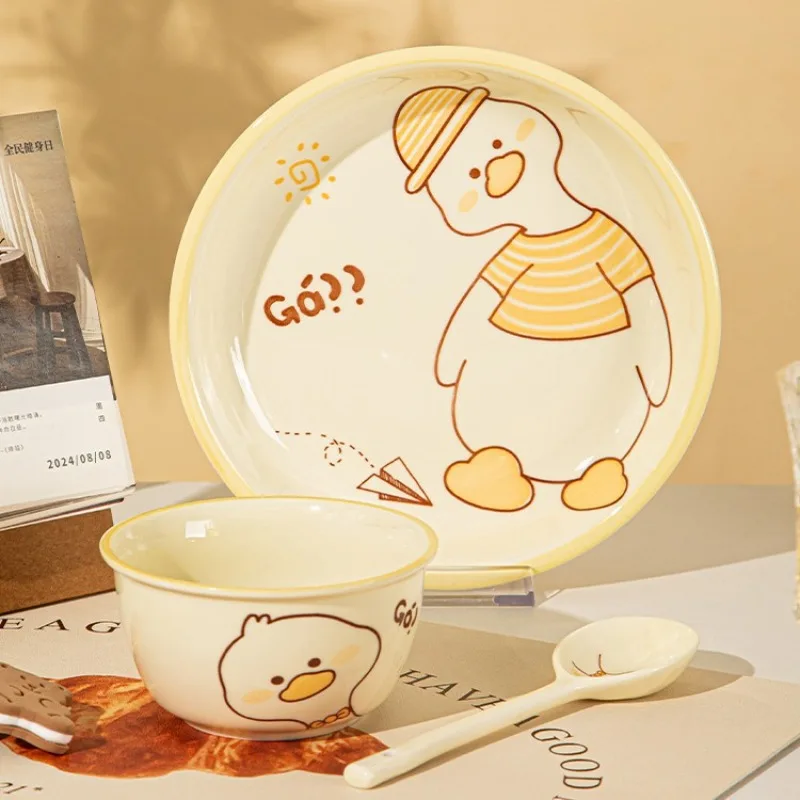 

Milk Huhu Cream Cartoon Ceramic Tableware High Value Cute Dishes Plate Set Household Rice Bowl Soup Bowl