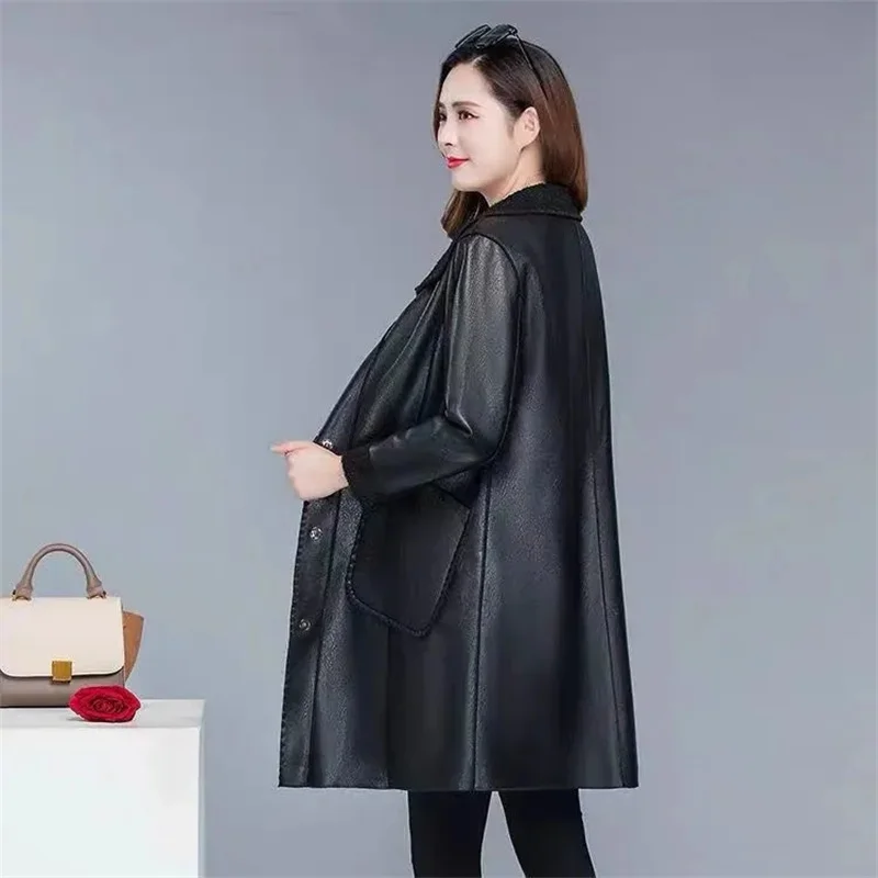 Leather Coat Women Mid length Mother Wear 2023 Autumn/Winter New Korean Version Versatile Loose Fit Velvet Windbreaker Fur Coat