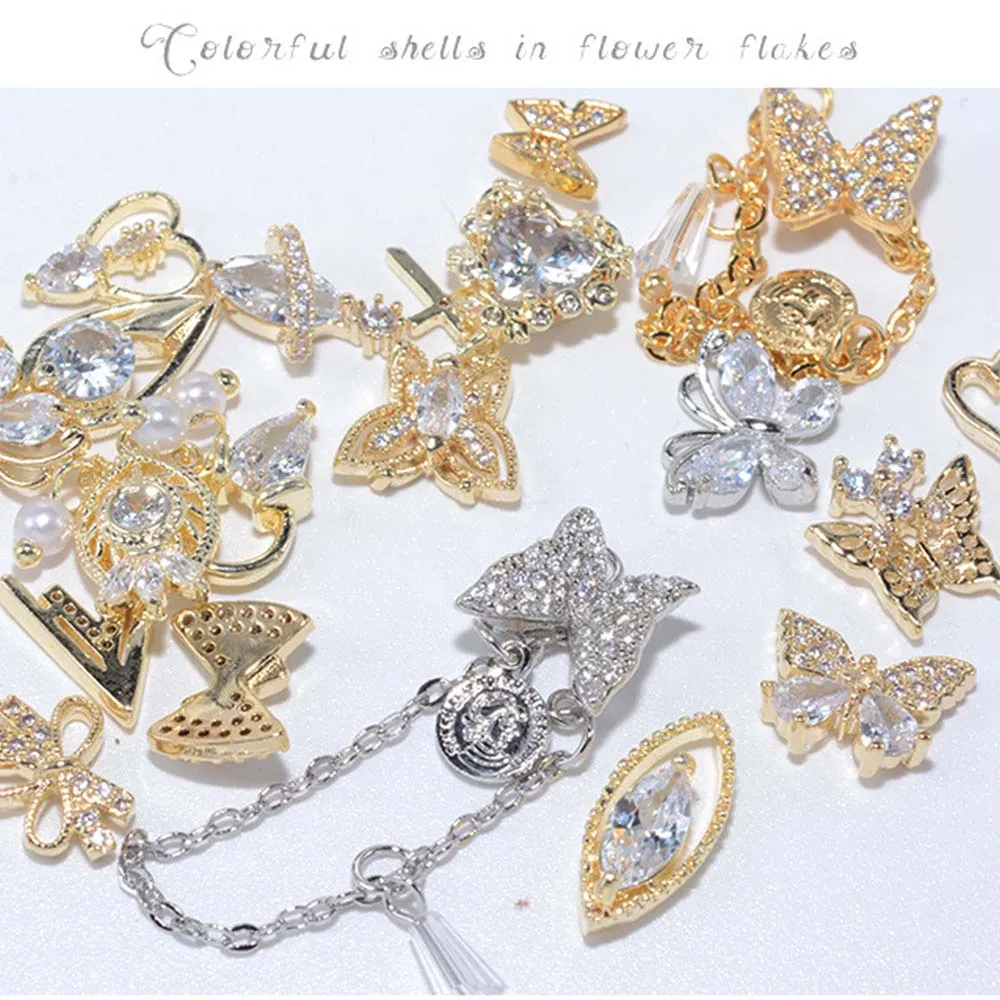 Gold Charms Metall Zirkon Maniküre Werkzeuge Kristall Nail Art Dekorationen Schmetterling Nagel Strass Nail Art Schmuck Anhänger Kette