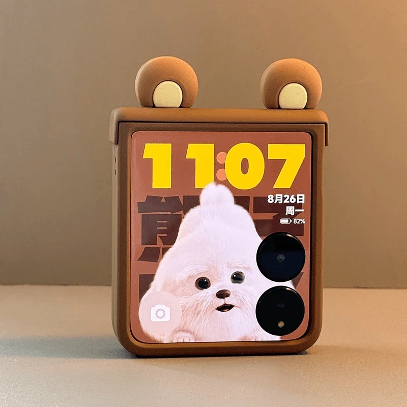 Cute 3d Bear Ear Case for Samsung Z Flip6 ZFlip5 4/OPPO Find N2 N3Flip/Razr50ultra/Xiaomi Mix Flip Case Cartoon Brown Cover