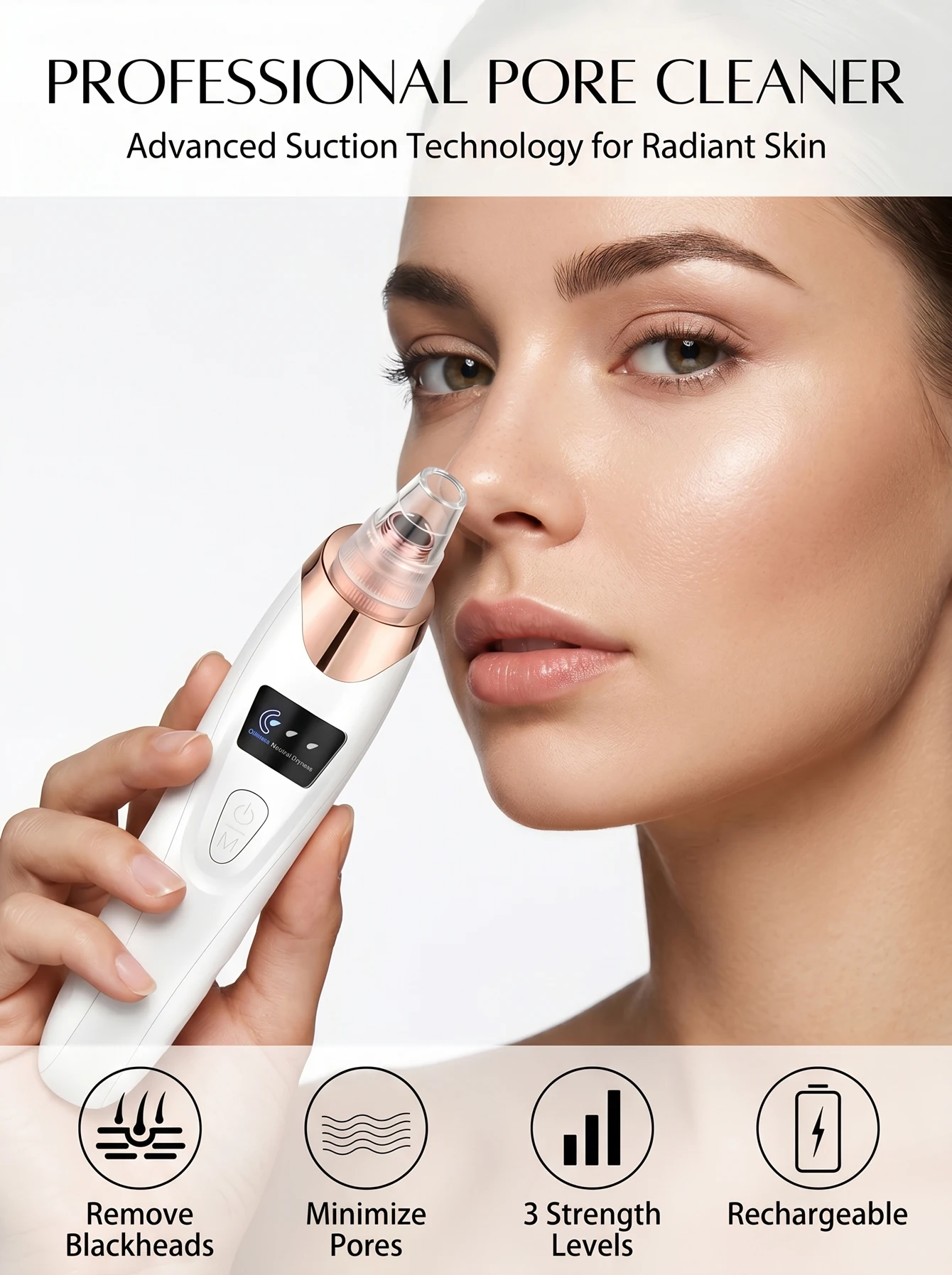 Removedor de Cravos Elétrico para Limpeza Facial, Aspirador de Poros com 5 Níveis de Sucção para Remoção Profunda de Acne e Cravos.