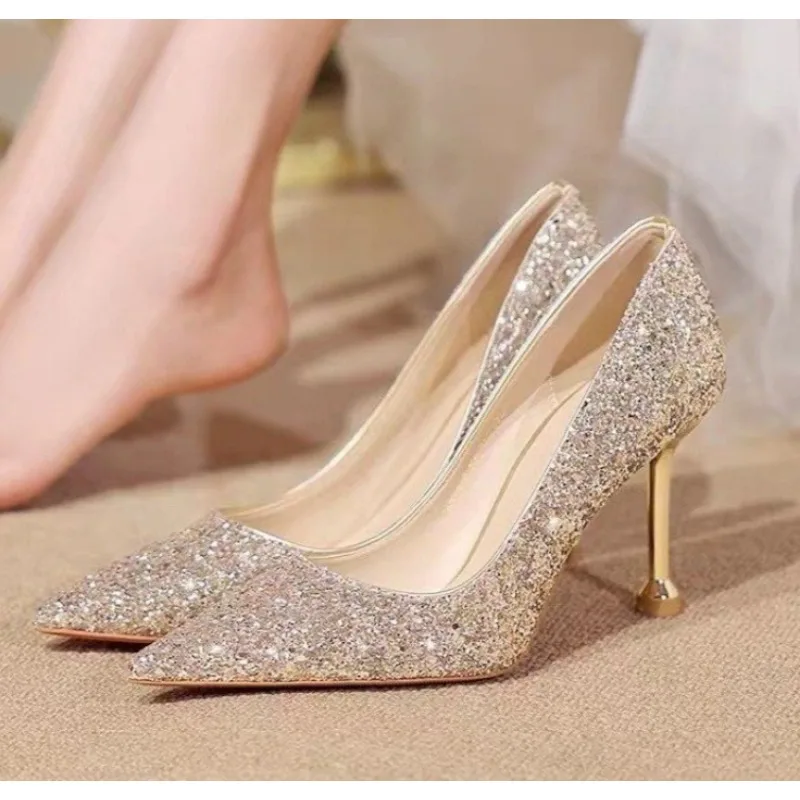 

Fashion High Heels Women Sequins Thin Stiletto Banquet Wedding Shoes New Luxury Sexy Pointed Toe Ladies Party Shoes